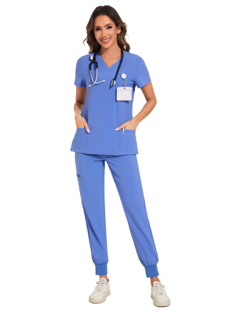 COZYFIT طقم COZYFIT للنساء - بلوزة سكراب بفتحة V وسروال جوجر مع 8 جيوب، حزام يوغا، مضاد للتجاعيد، تصميم نحيف - أزرق سماوي، L - Image 2