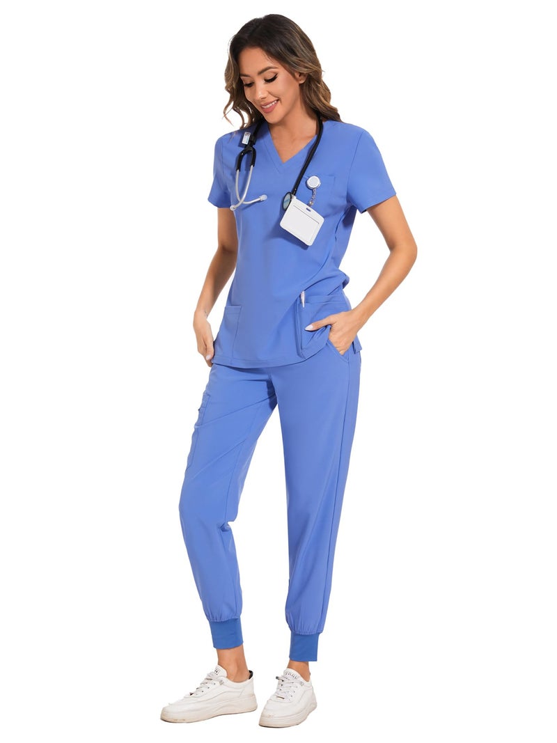 COZYFIT طقم COZYFIT للنساء - بلوزة سكراب بفتحة V وسروال جوجر مع 8 جيوب، حزام يوغا، مضاد للتجاعيد، تصميم نحيف - أزرق سماوي، L - Image 4