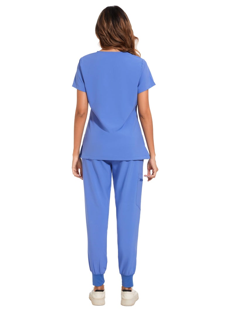 COZYFIT طقم COZYFIT للنساء - بلوزة سكراب بفتحة V وسروال جوجر مع 8 جيوب، حزام يوغا، مضاد للتجاعيد، تصميم نحيف - أزرق سماوي، L - Image 3