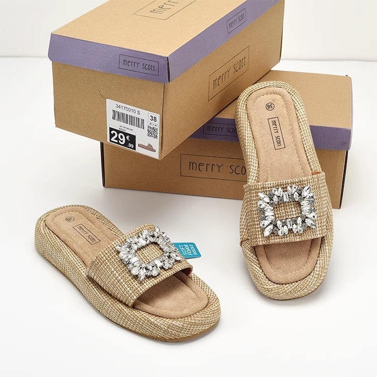 Women's Raffia Slides with Crystal Square Buckle - Image 2