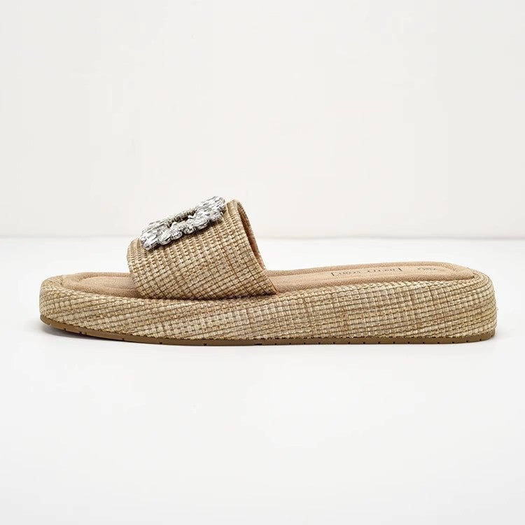Women's Raffia Slides with Crystal Square Buckle - Image 4