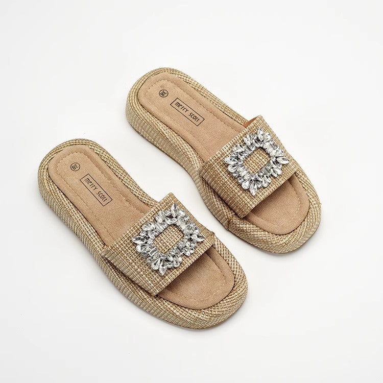 Women's Raffia Slides with Crystal Square Buckle - Image 1