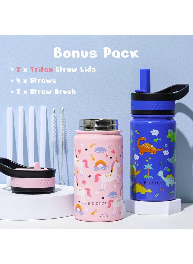 BUZIO 2-Pack Kids Water Bottle, BUZIO 14 oz Toddler Stainless Steel Insulated Water Bottles with Tritan Straw Lid, Leak Proof BPA-Free Wide Mouth Drink Flask for Shcool Boy Girl (Pink Unicorn+Blue Dinosaur) - Image 2