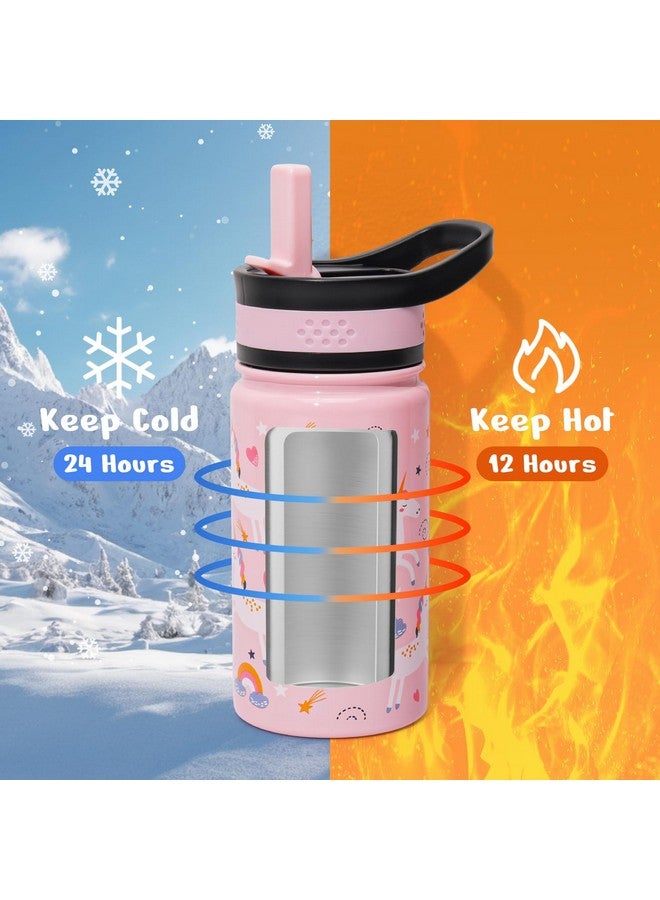 BUZIO 2-Pack Kids Water Bottle, BUZIO 14 oz Toddler Stainless Steel Insulated Water Bottles with Tritan Straw Lid, Leak Proof BPA-Free Wide Mouth Drink Flask for Shcool Boy Girl (Pink Unicorn+Blue Dinosaur) - Image 3