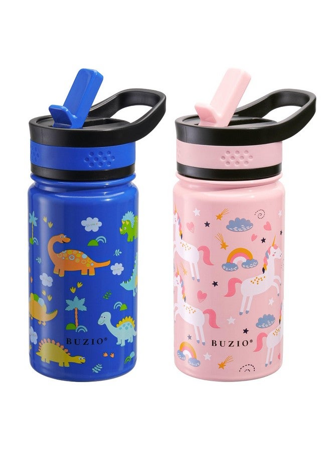 BUZIO 2-Pack Kids Water Bottle, BUZIO 14 oz Toddler Stainless Steel Insulated Water Bottles with Tritan Straw Lid, Leak Proof BPA-Free Wide Mouth Drink Flask for Shcool Boy Girl (Pink Unicorn+Blue Dinosaur) - Image 1