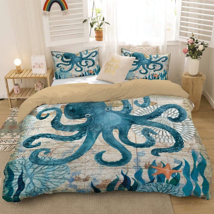 OCEAN COMFORTER SET QUEEN SIZE FOUR SEASONS QUILT KIDS OCTOPUS BEDDING COLLECTIONS SOFT FOR TEEN BOYS TURQUOISE OCEAN THEMED MEDITERRANEAN STYLE PRINTED QUILT SET KIDS GIFT