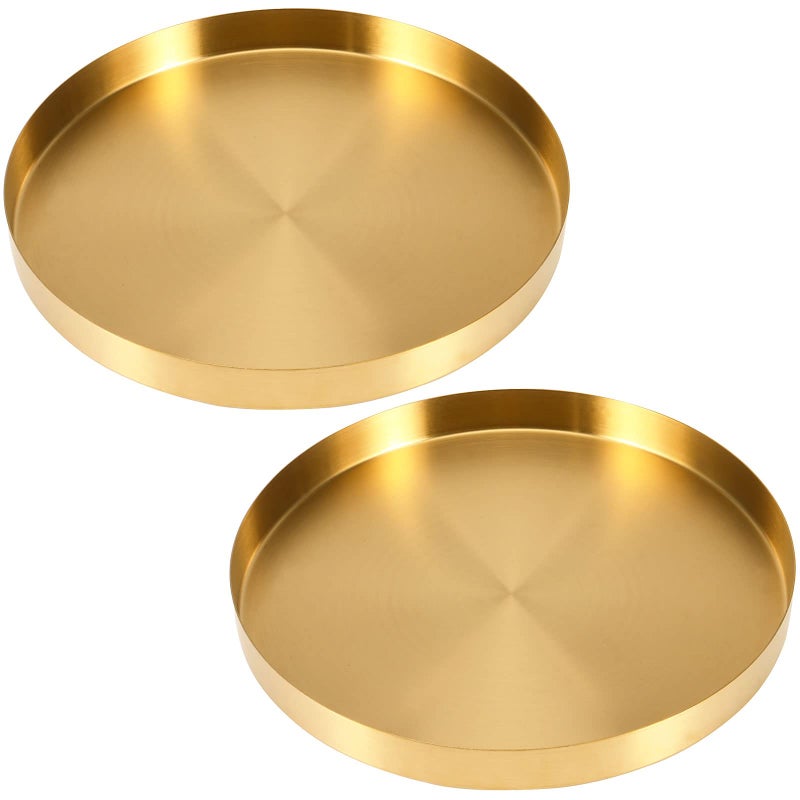 JOIKIT 2 Pack 12 Inch Round Gold Storage Trays 30cm Stainless Steel Circle Decorative Tray Vanity Storage Organizer Serving Tray for Jewelry Coffee Table Bar Kitchen Countertop Bathroom Tableware