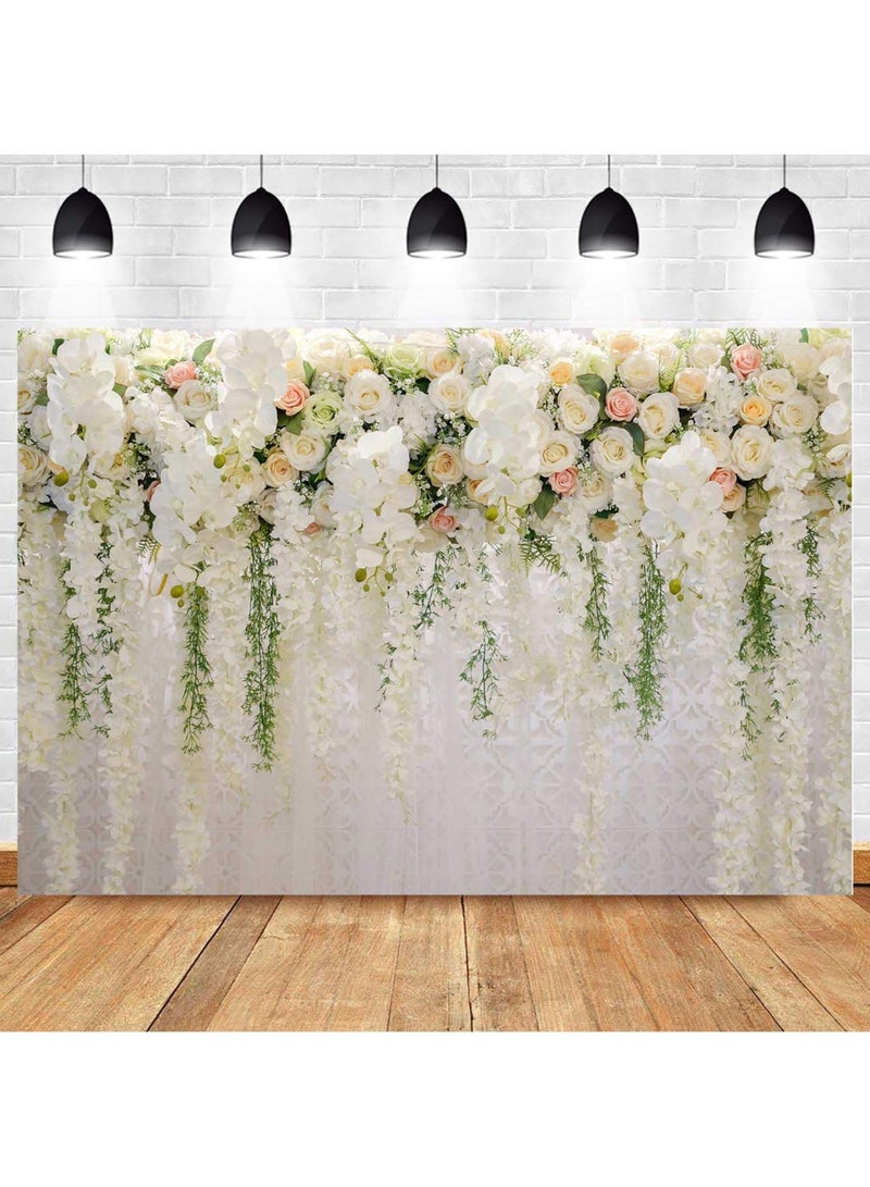 White Rose Floral Theme Photography Backdrops Bridal Shower Wedding Flowers Photo Background Baby Girl Birthday Party Portrait Dessert Cake Table Decor Photo Booth Studio Props 7x5ft Vinyl  - Image 1