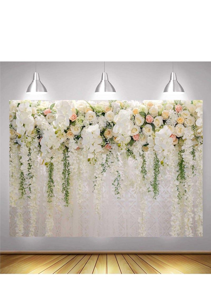White Rose Floral Theme Photography Backdrops Bridal Shower Wedding Flowers Photo Background Baby Girl Birthday Party Portrait Dessert Cake Table Decor Photo Booth Studio Props 7x5ft Vinyl  - Image 3