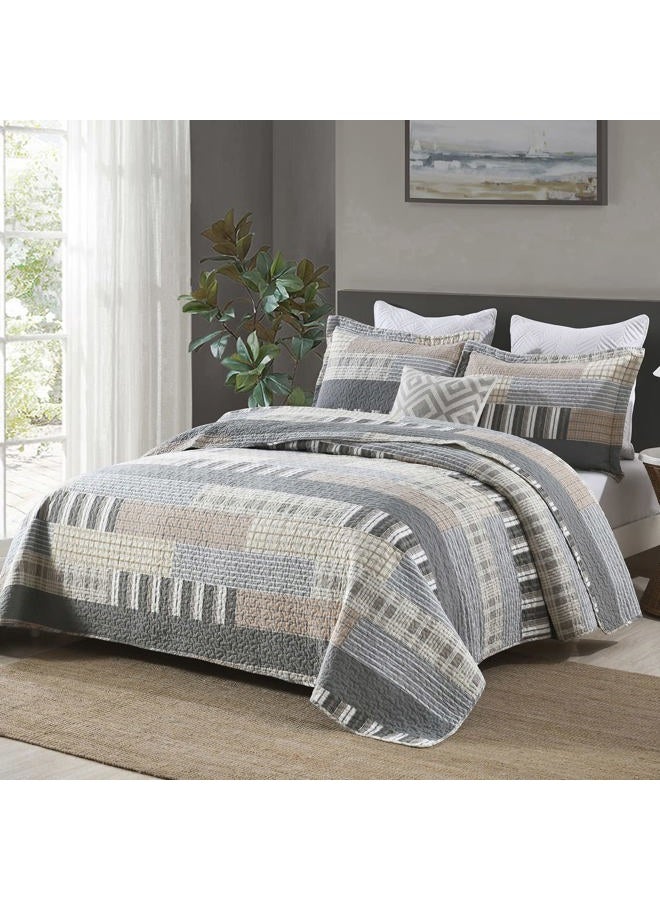 SahSahCasa Quilt Queen Size, Queen Quilt Set, 100% Cotton Queen Quilt Bedding Set Bedspreads, Farmhouse Reversible Patchwork Lightweight Plaid Quilts Bedspread for All Season, Gray/Brown, 3PCs - Image 2