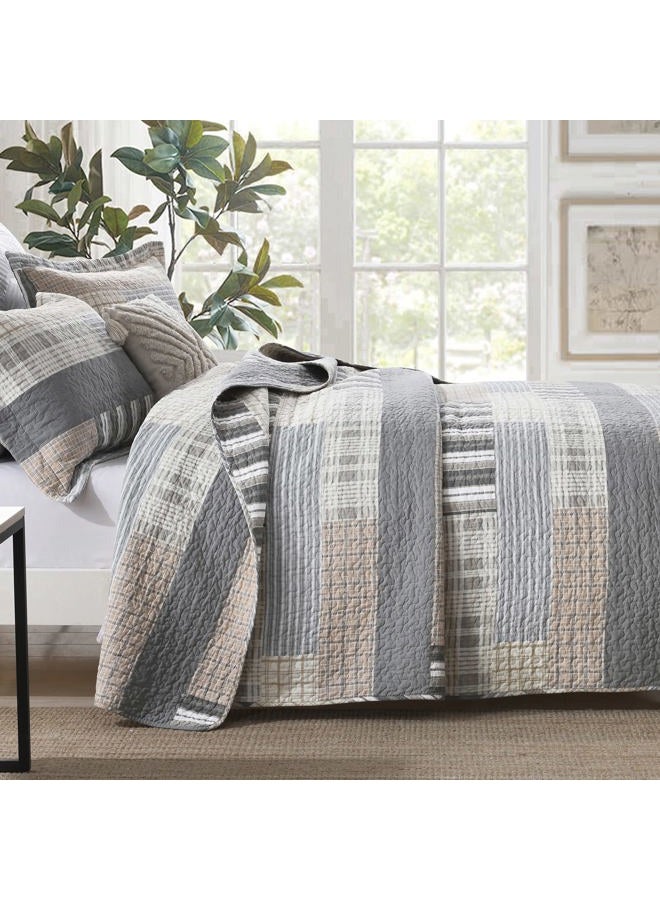 SahSahCasa Quilt Queen Size, Queen Quilt Set, 100% Cotton Queen Quilt Bedding Set Bedspreads, Farmhouse Reversible Patchwork Lightweight Plaid Quilts Bedspread for All Season, Gray/Brown, 3PCs - Image 3