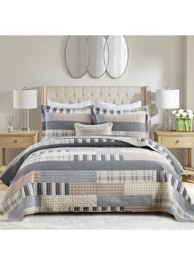 SahSahCasa Quilt Queen Size, Queen Quilt Set, 100% Cotton Queen Quilt Bedding Set Bedspreads, Farmhouse Reversible Patchwork Lightweight Plaid Quilts Bedspread for All Season, Gray/Brown, 3PCs - Image 1