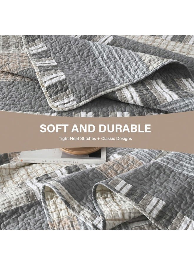SahSahCasa Quilt Queen Size, Queen Quilt Set, 100% Cotton Queen Quilt Bedding Set Bedspreads, Farmhouse Reversible Patchwork Lightweight Plaid Quilts Bedspread for All Season, Gray/Brown, 3PCs - Image 5