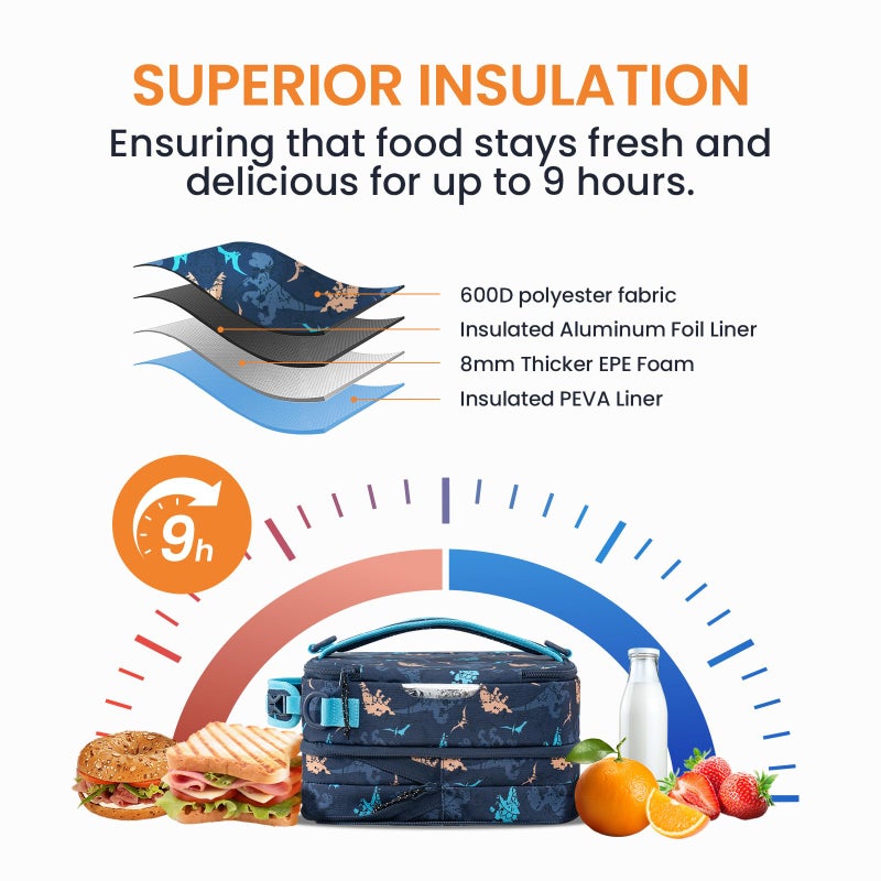 Everfun Expandable Lunch Box for Boys with Container, Insulated Bento Lunch Bag Reusable Water Resistant Lunch Tote Bag for School Dinosaur - Image 4