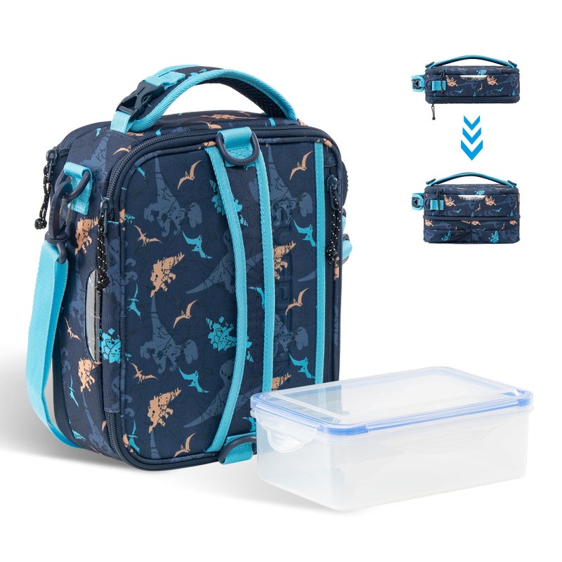 Everfun Expandable Lunch Box for Boys with Container, Insulated Bento Lunch Bag Reusable Water Resistant Lunch Tote Bag for School Dinosaur - Image 1