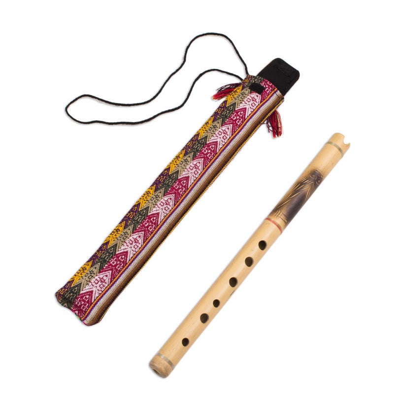NOVICA Bamboo Andean Quena Flute with Owl and Textile Carrying Case, 'Night Owl' - Image 3