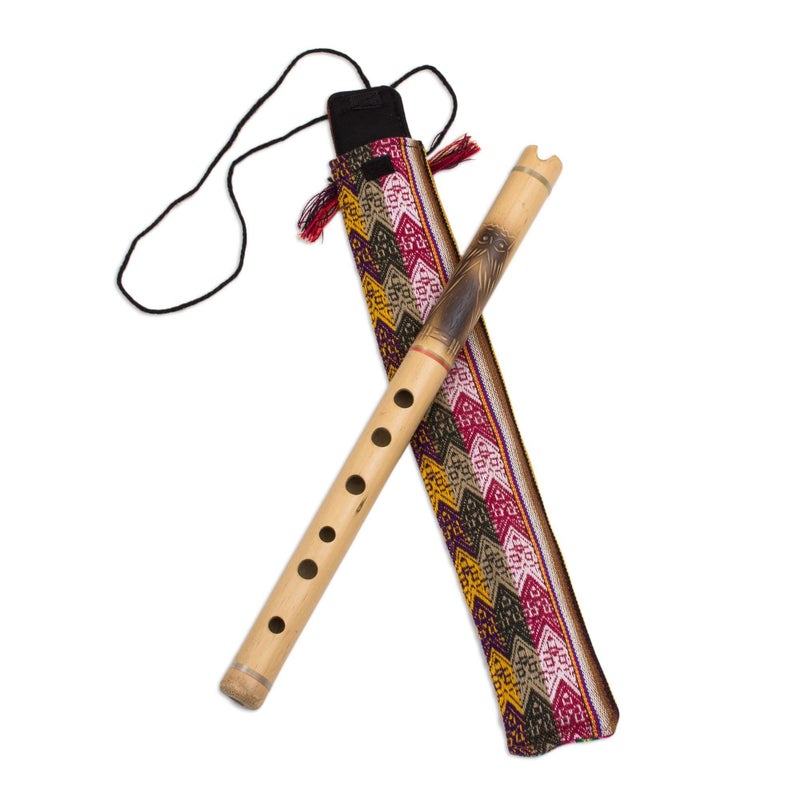 NOVICA Bamboo Andean Quena Flute with Owl and Textile Carrying Case, 'Night Owl' - Image 1