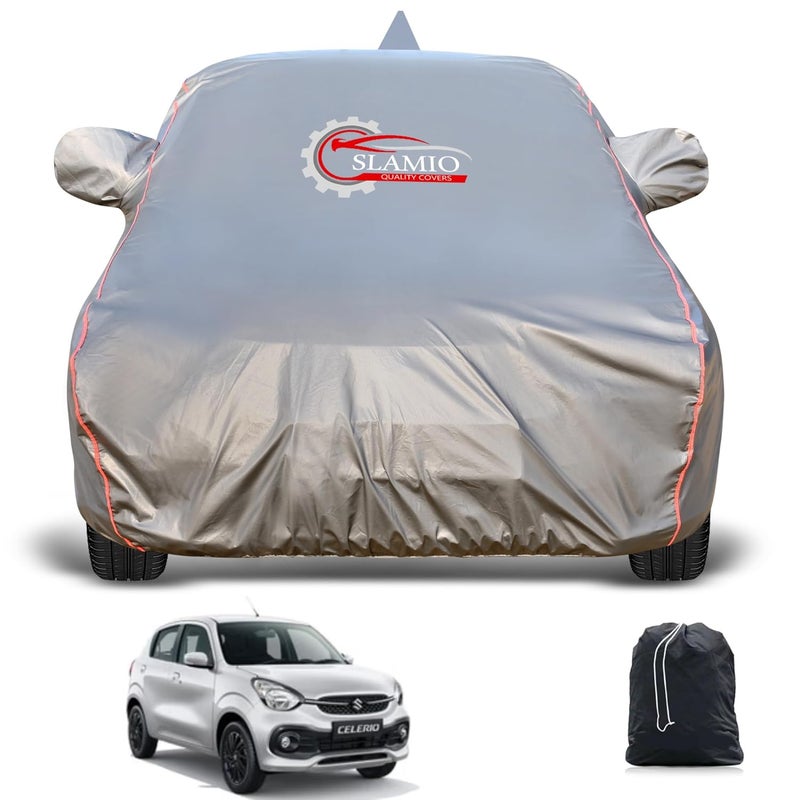 Slamio Heavy-Duty Car Body Cover for Maruti Suzuki Celerio (2021-2025) | Waterproof, Dustproof, UV Protection, Custom Fit, Heavy Belt & Buckle with Mirror & Antenna Pocket | Dark Grey - Image 1