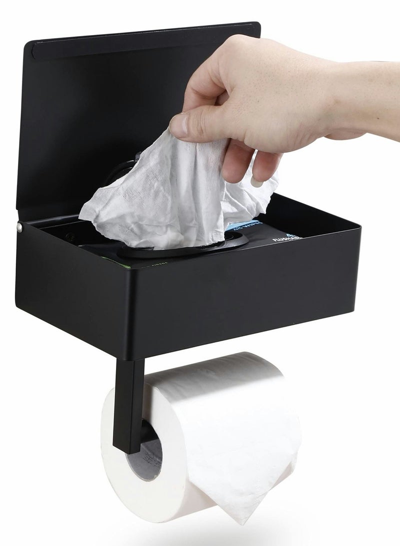 Toilet Paper Holder with Storage Box, Stainless Steel Wall Mounted Flushable Matte Wipes for Bathroom Holds both Tissues and (Black) - Image 1