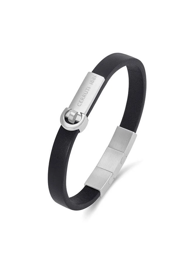 CERRUTI 1881 Oscar Silver Plated Stainless Steel Black Braided Leather Bracelet for Men 180mm