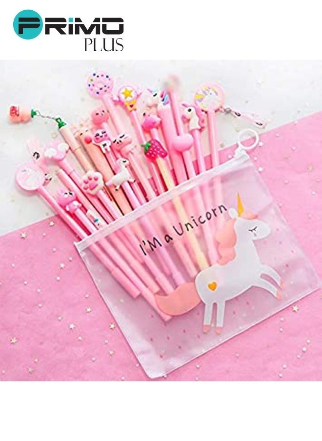 21-Piece Unicorn Patterns Pen With File Bag Set Pink/Clear