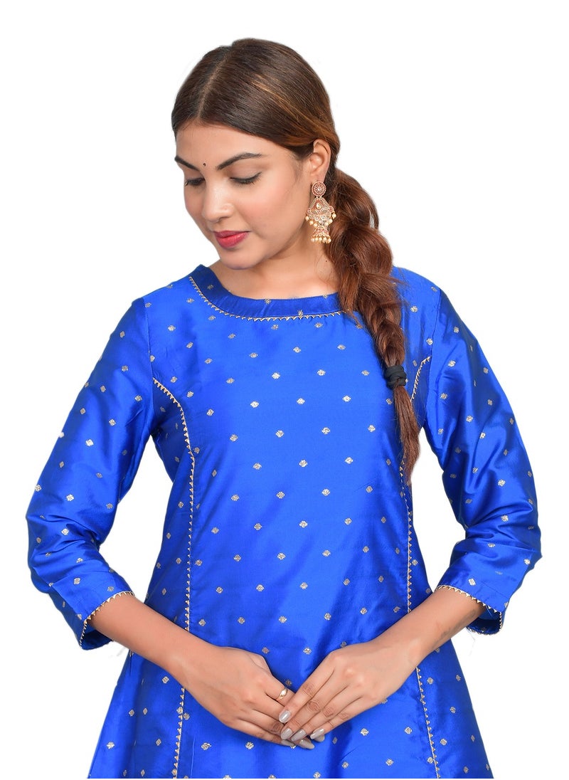 Riara - Women Royal Blue Kurta Pant Set Summer Suit Solid Colour Flared Kurti with Pant Casual Kurta Set for Girls Art Silk (Taffeta Booty) Size XL - Image 1