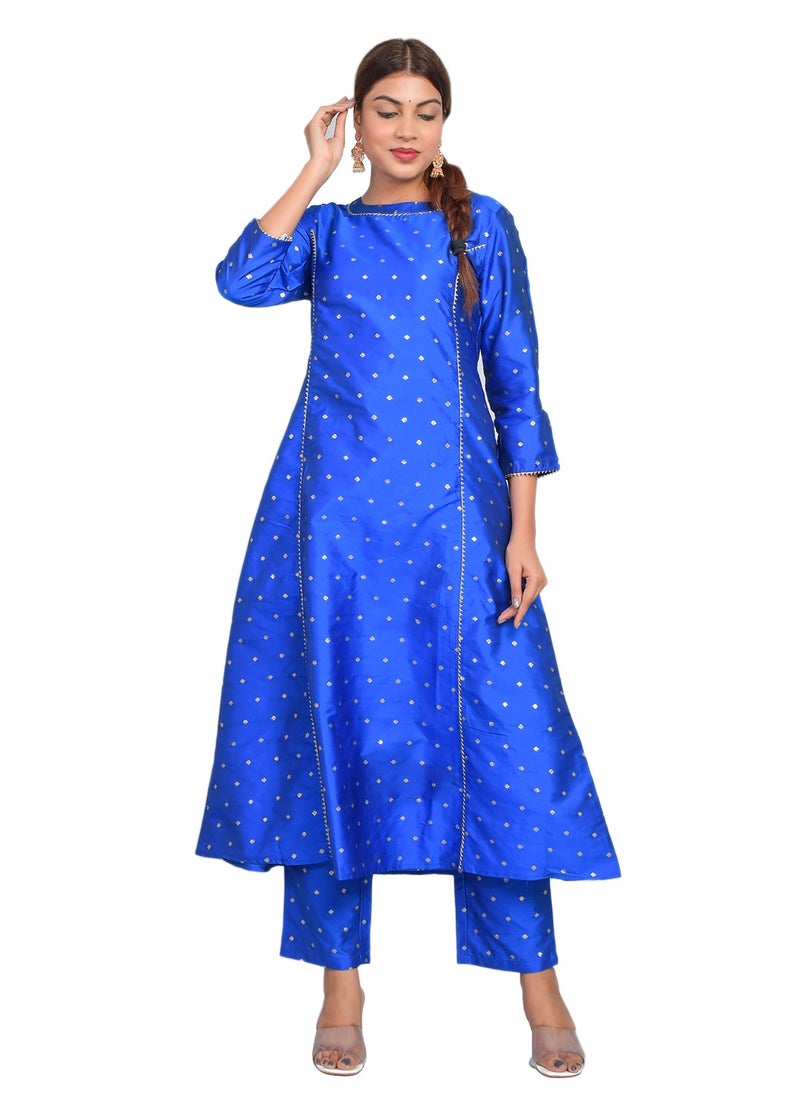 Riara - Women Royal Blue Kurta Pant Set Summer Suit Solid Colour Flared Kurti with Pant Casual Kurta Set for Girls Art Silk (Taffeta Booty) Size XL - Image 1