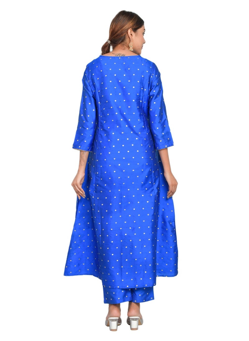 Riara - Women Royal Blue Kurta Pant Set Summer Suit Solid Colour Flared Kurti with Pant Casual Kurta Set for Girls Art Silk (Taffeta Booty) Size XL - Image 1