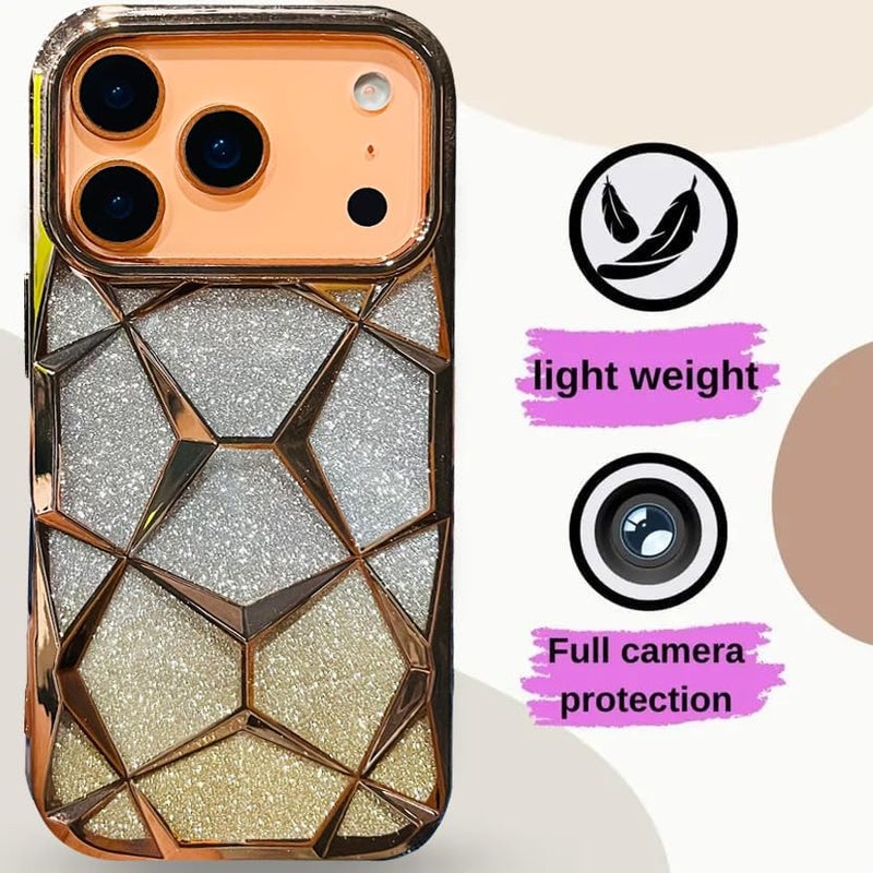 VONZEE Gradient Glitter Back Cover Case Compatible with iPhone 17 Pro Max, Luxury Electroplated 3D Cube, Diamond Bling Shiny Soft TPU Clear Shockproof Women Girls Protective Phone Cover (Gold) - Image 4