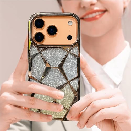 VONZEE Gradient Glitter Back Cover Case Compatible with iPhone 17 Pro Max, Luxury Electroplated 3D Cube, Diamond Bling Shiny Soft TPU Clear Shockproof Women Girls Protective Phone Cover (Gold) - Image 5