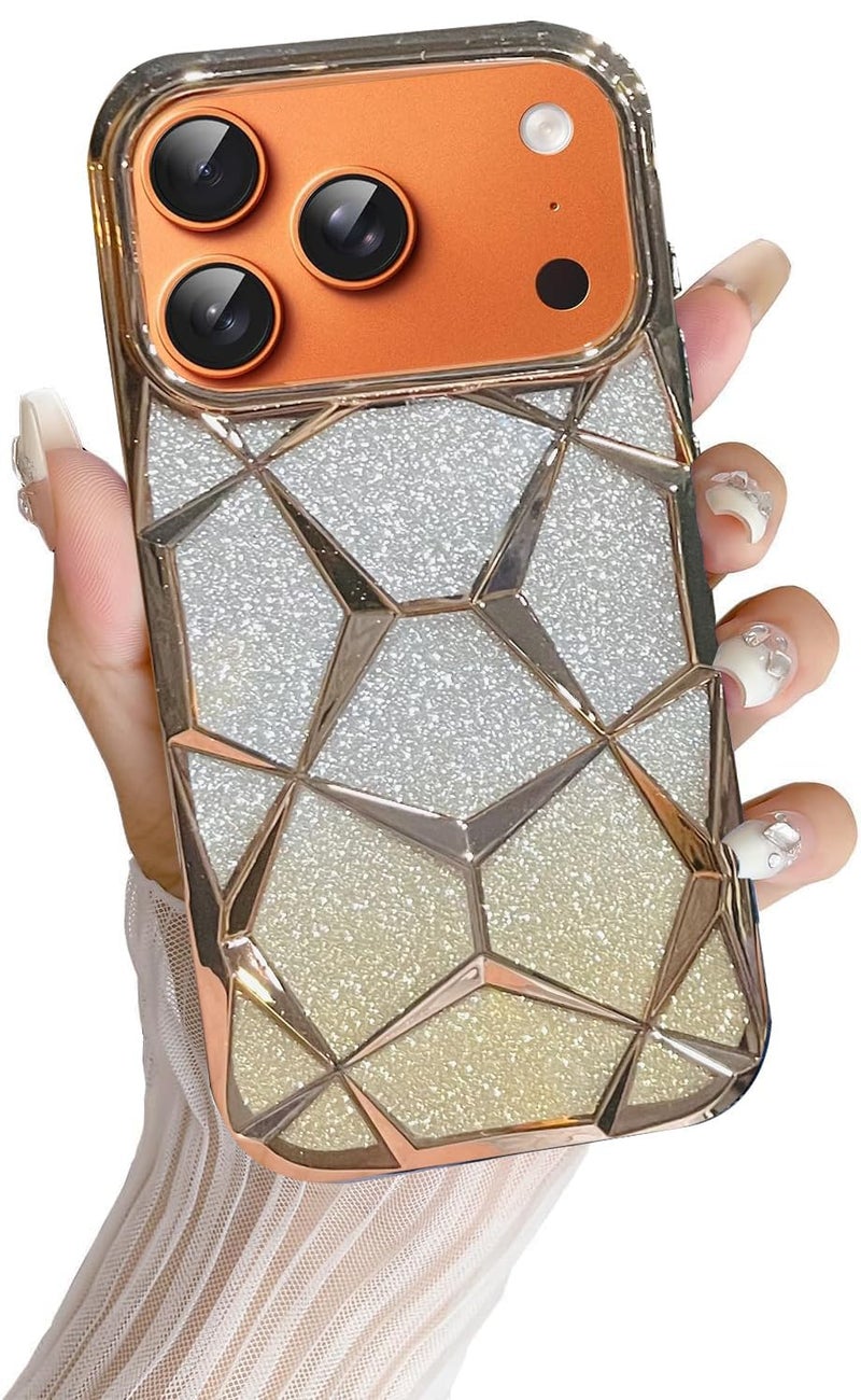 VONZEE Gradient Glitter Back Cover Case Compatible with iPhone 17 Pro Max, Luxury Electroplated 3D Cube, Diamond Bling Shiny Soft TPU Clear Shockproof Women Girls Protective Phone Cover (Gold) - Image 1