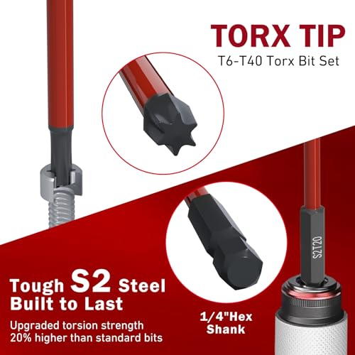 XOOL 13-Piece Long Torx Bit Set, 6-Inch (150mm), T6-T40, Magnetic S2 Steel, 1/4" Hex Shank, CNC Precision Tips for Impact Drivers, Drills, and Screwdrivers - Image 2