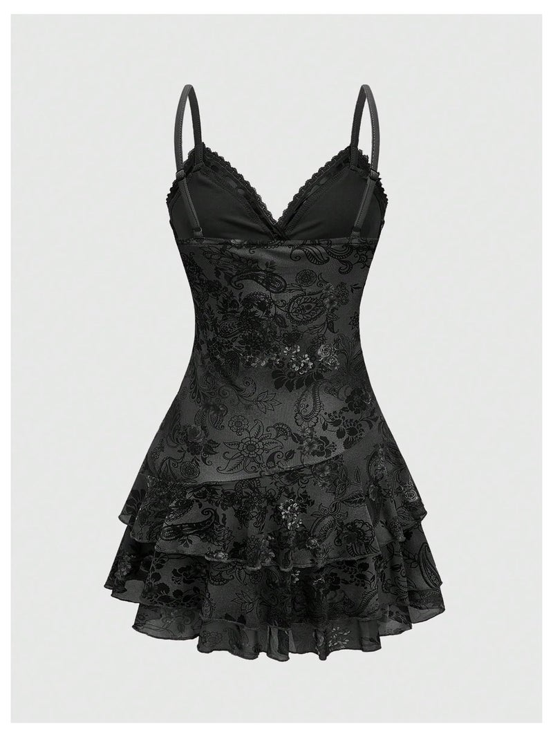 Verdusa Women's Y2k Outfits Gothic Dresses Vintage Boho Beaded Ruffle Lace Paisley Print Tiered Mini Summer Dress Black Small - Image 4