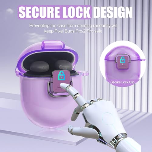 SGHLDE for Google Pixel Buds Pro 2 Case Cover with Lock Clip, Clear TPU Case for Google Pixel Buds Pro1/2, Shockproof Protective Case Skin wtih Keychain & Cleaner Kit for Girly/Women/Man (Clear Purple) - Image 3