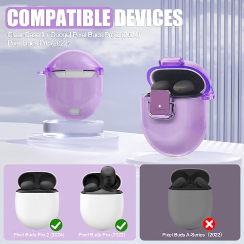 SGHLDE for Google Pixel Buds Pro 2 Case Cover with Lock Clip, Clear TPU Case for Google Pixel Buds Pro1/2, Shockproof Protective Case Skin wtih Keychain & Cleaner Kit for Girly/Women/Man (Clear Purple) - Image 2