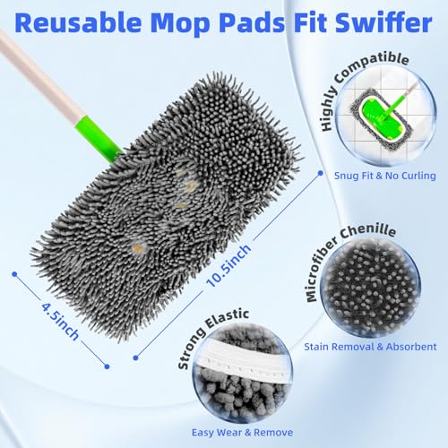 LOVECO Reusable Microfiber Mop Pads Compatible with Sweeper Mop, Replacement Wet Mopping pad Refills & Washable Dry Sweeping Cloths for Use on All Sealed Floors - Stone, Hardwood, Laminate & Tile (6 Grey) - Image 3