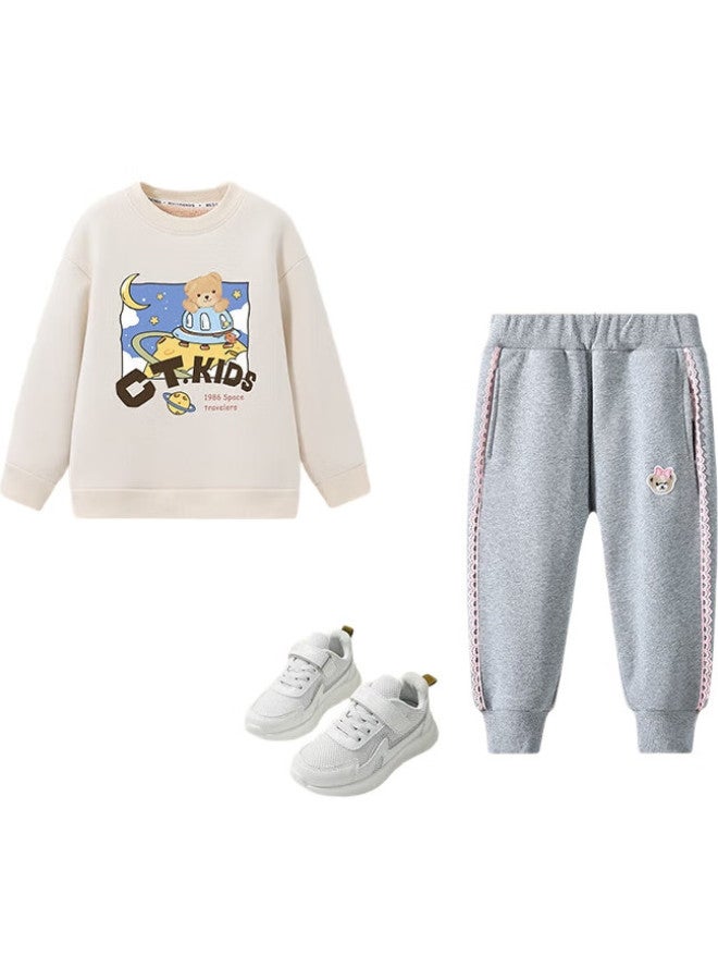 Classic Teddy Children'S Fleece-Lined Sweatshirt, Boys And Girls Thick Warm Top, Versatile Winter Wear, Off-White, Size 100 - Image 1
