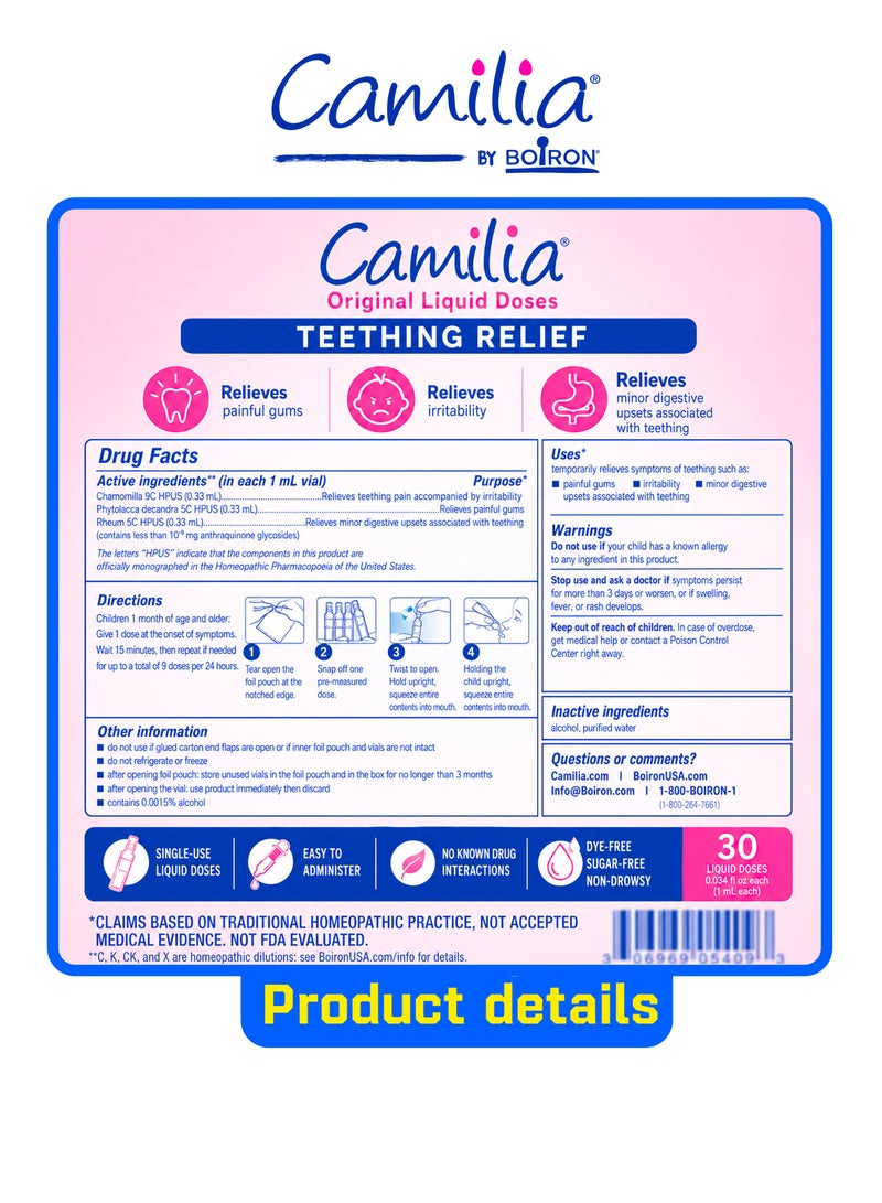 Boiron Camilia, Teething Relief, 1 Month+, 30 Doses, 0.034 fl oz (1 ml) - Image 2
