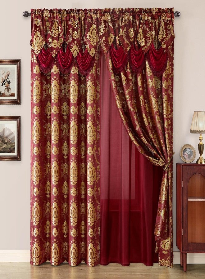 HOMEIDEAS Burgundy Paisley Jacquard Curtains, Victorian Luxury Window Curtains 2 Panels Set with Attached Valance and Sheer Backing, Fancy Drapes for Bedroom & Living Room, 52x84 Inches - Image 1