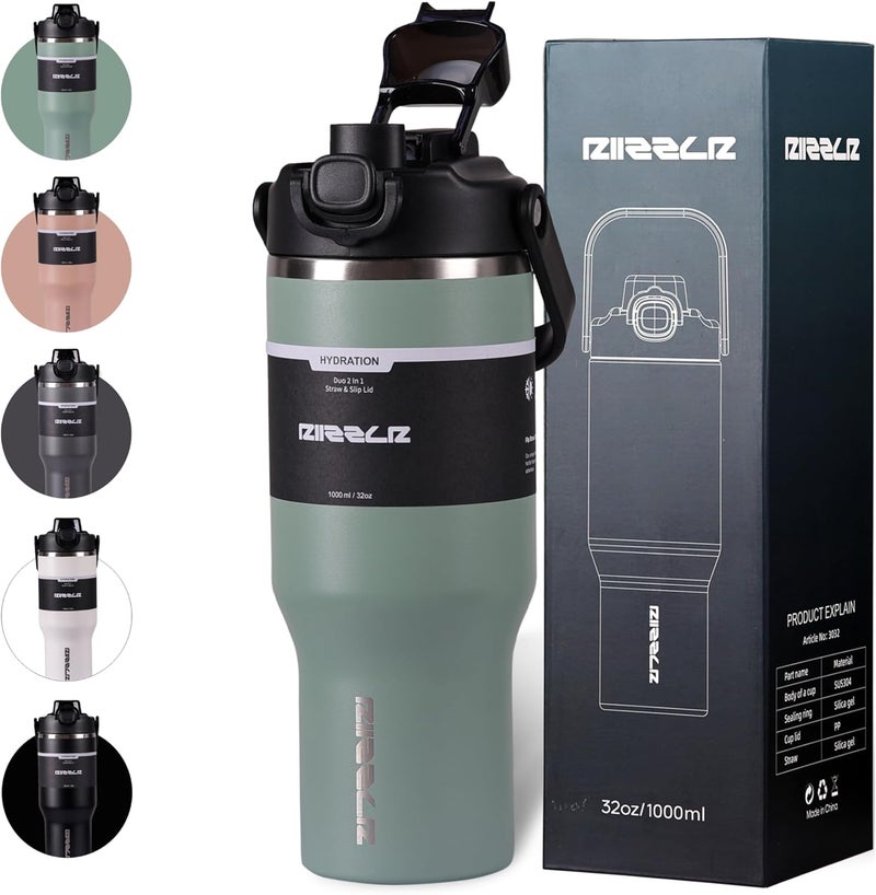 Riizzlr 1000ml Insulated Water Bottle Tumbler with 2-in-1 Straw & Sip Lid – Stainless Steel Vacuum Flask, Double Wall, BPA-Free, Leakproof, Wide Mouth, Keeps Drinks Hot 12H / Cold 24H (Sage Green) - Image 1