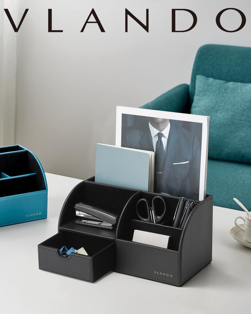 Vlando Desk Organizer with Drawer, Back to School Supplies - 5 Compartment Desktop Storage Holder with Organizer Section for Desk Accessories (Black) - Image 2