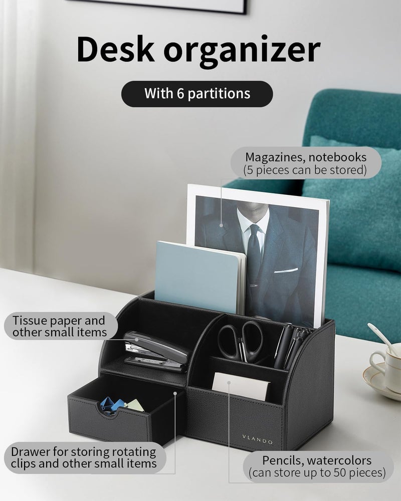 Vlando Desk Organizer with Drawer, Back to School Supplies - 5 Compartment Desktop Storage Holder with Organizer Section for Desk Accessories (Black) - Image 5