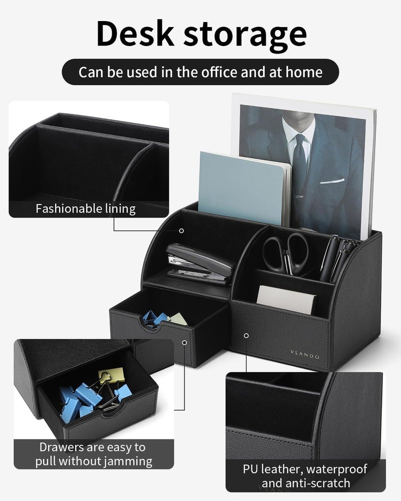 Vlando Desk Organizer with Drawer, Back to School Supplies - 5 Compartment Desktop Storage Holder with Organizer Section for Desk Accessories (Black) - Image 4