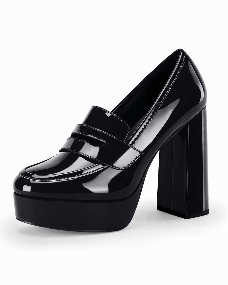 Coutgo Womens Platform Heels Loafers Chunky High Heel Closed Toe Patent Leather Shoes Penny Loafer Business Dress Work Pumps Black - Image 4