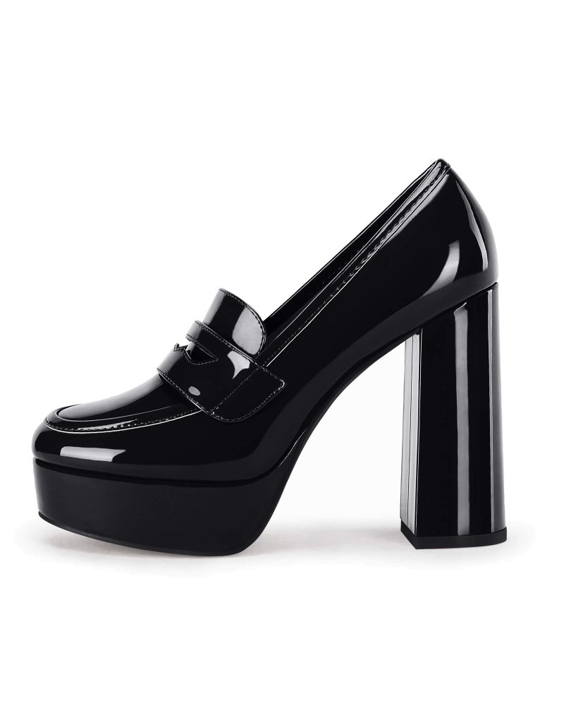 Coutgo Womens Platform Heels Loafers Chunky High Heel Closed Toe Patent Leather Shoes Penny Loafer Business Dress Work Pumps Black - Image 1