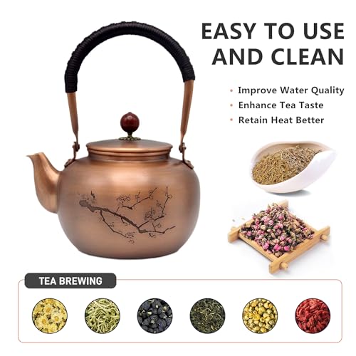 SECHUDO 44oz Handmade Pure Copper Teapot without Coating, SECHUDO Tea Kettle with Tea Ball for Loose Tea, Japanese Style Classic Tea Pot for Stovetop Safe, Plum Blossom Pattern(1300ml) - Image 3