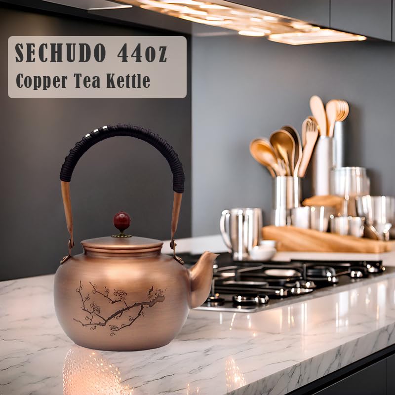 SECHUDO 44oz Handmade Pure Copper Teapot without Coating, SECHUDO Tea Kettle with Tea Ball for Loose Tea, Japanese Style Classic Tea Pot for Stovetop Safe, Plum Blossom Pattern(1300ml) - Image 2