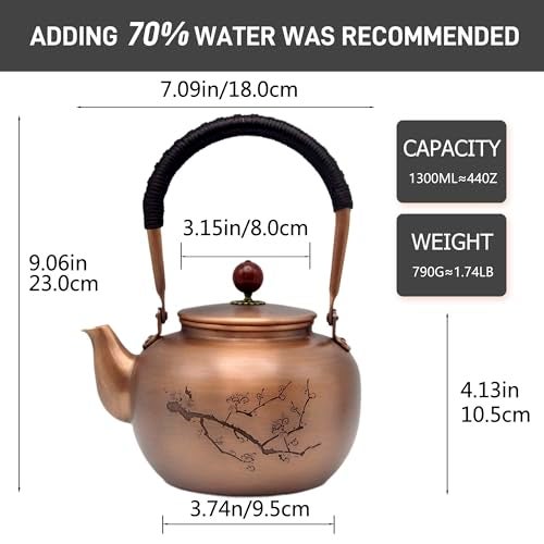 SECHUDO 44oz Handmade Pure Copper Teapot without Coating, SECHUDO Tea Kettle with Tea Ball for Loose Tea, Japanese Style Classic Tea Pot for Stovetop Safe, Plum Blossom Pattern(1300ml) - Image 5