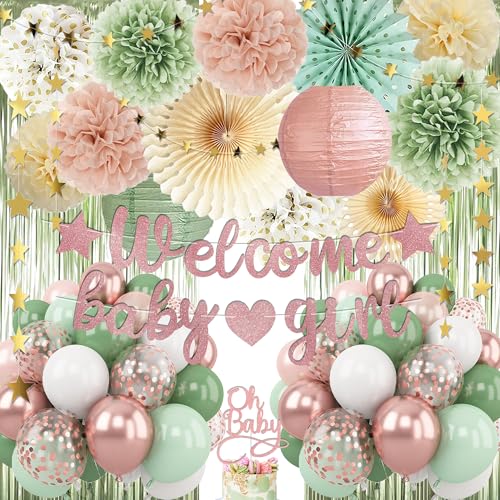 Vztipki Dusty Pink Sage Green Baby Shower Decorations Welcome Baby Girl Banner Retro Pink Green Rosegold Balloons Oh Baby Cake Topper Pom Poms Flowers Paper Fan For Birthday Jungle Woodland Party - Image 1
