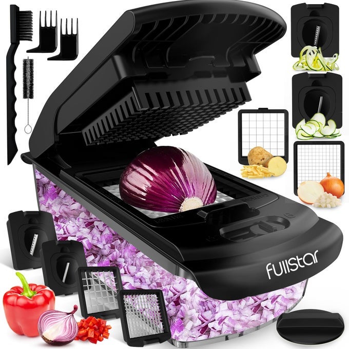 VEGETABLE CHOPPER AND SPIRALIZER FOOD CHOPPER WITH CONTAINER FRUIT SLICER KITCHEN GADGETS ACCESSORIES HOME ESSENTIALS 4 IN 1 BLACK